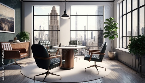 A stylish office space with a glass - top desk and plush chairs  perched on the rooftop of a skyscraper. Generative ai