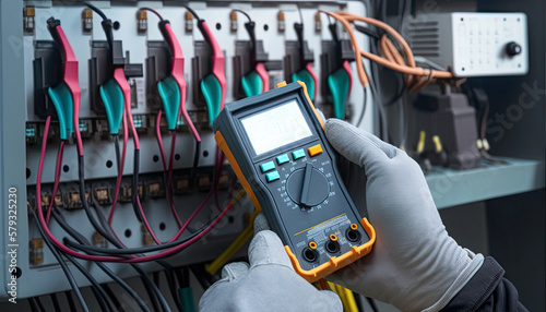 generative AI illustration of a Electricity and electrical maintenance service, Engineer hand holding AC multimeter checking electric current voltage at circuit breaker terminal 