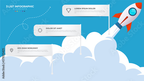3 list of steps, layout diagram with stair level sequence, infographic element template with rocket startup/launch illustration