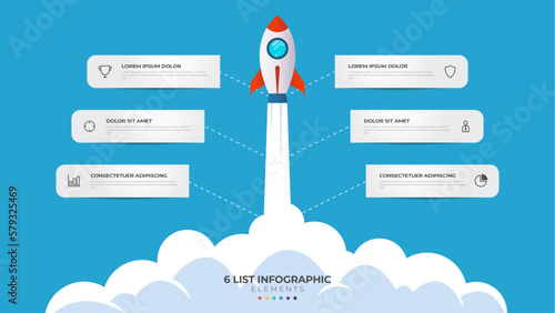 6 list of steps, layout diagram with stair level sequence, infographic element template with rocket startup/launch illustration