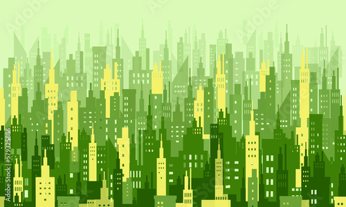 Different sizes of green and yellow buildings that are joined together to look like part of the city