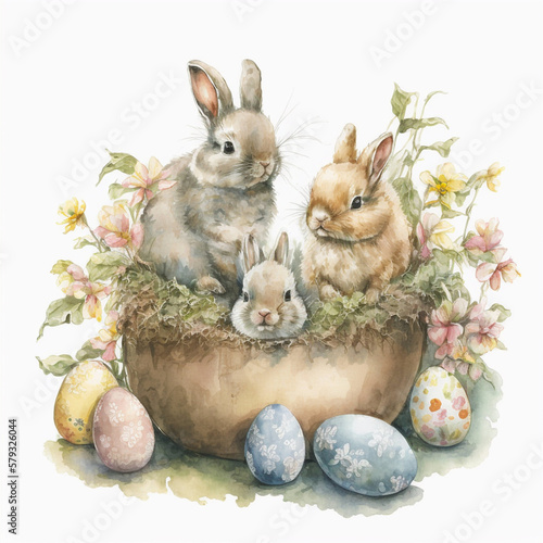 Easter bunnies and easter eggs, AI generated illustration art