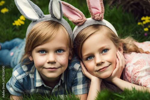 Happy smiling boy and girl little children wearing spring easter bunny ears. Generative ai
