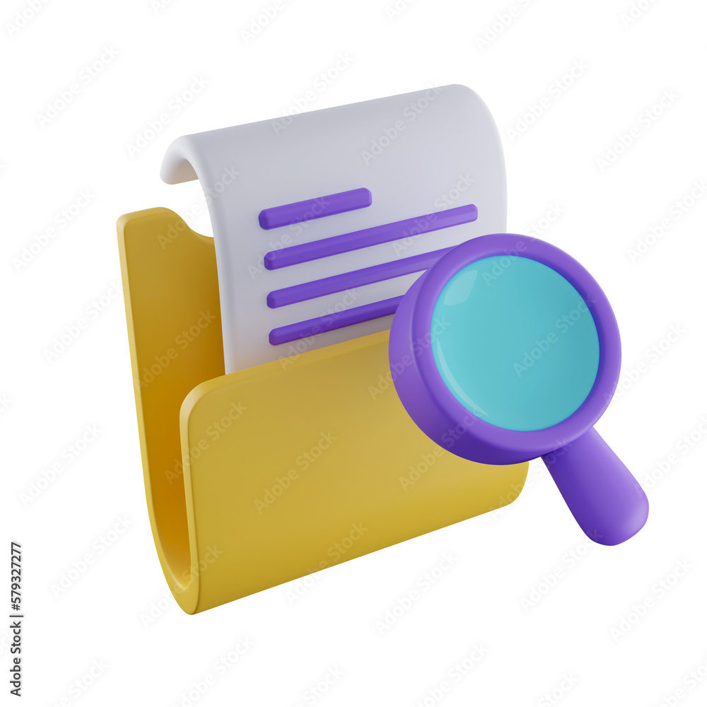 3d Magnifying glass and yellow folder with files. concept of document search. search file storage database via magnifier. icon isolated on white background. 3d rendering illustration. Clipping path 3d Magnifying glass and yellow folder with files. concept of document search. search file storage database via magnifier. icon isolated on white background. 3d rendering illustration. Clipping path