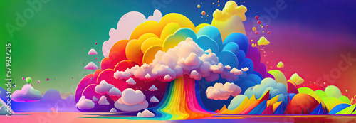 Fantasy toon land. Land of rainbows fluffy clouds and happy colors and shapes. generative AI. photo