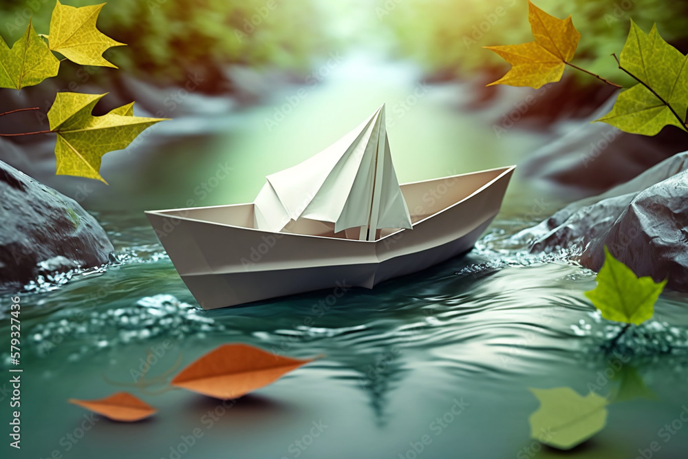 Paper boat floating in the stream, Generative AI