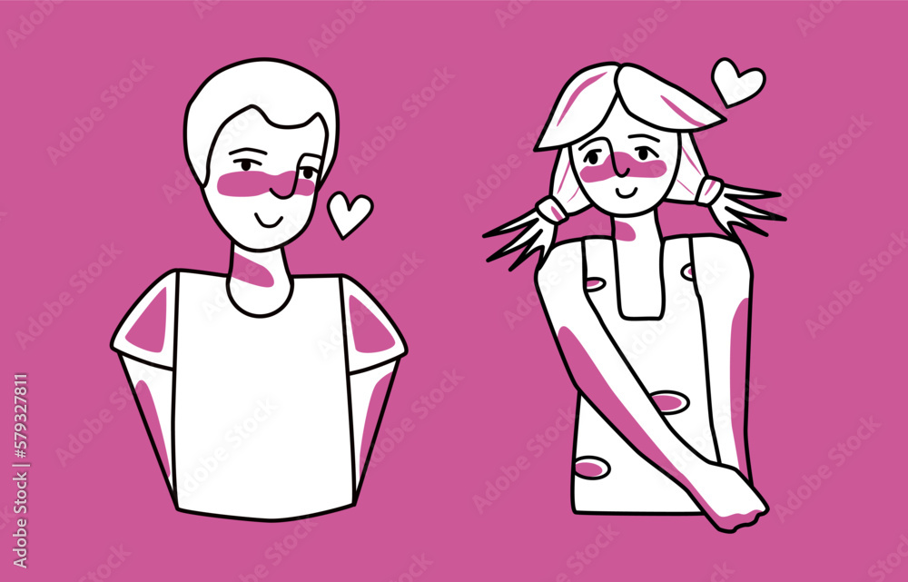 Shy boy and girl with emotion of love, pink and white. Beloved teenagers half body drawing, sweetheart tender mood of adolescents, amour affection flirting. Shy boy and girl with emotion of love, pink and white. Beloved teenagers half body drawing, sweetheart tender mood of adolescents, amour affection flirting.