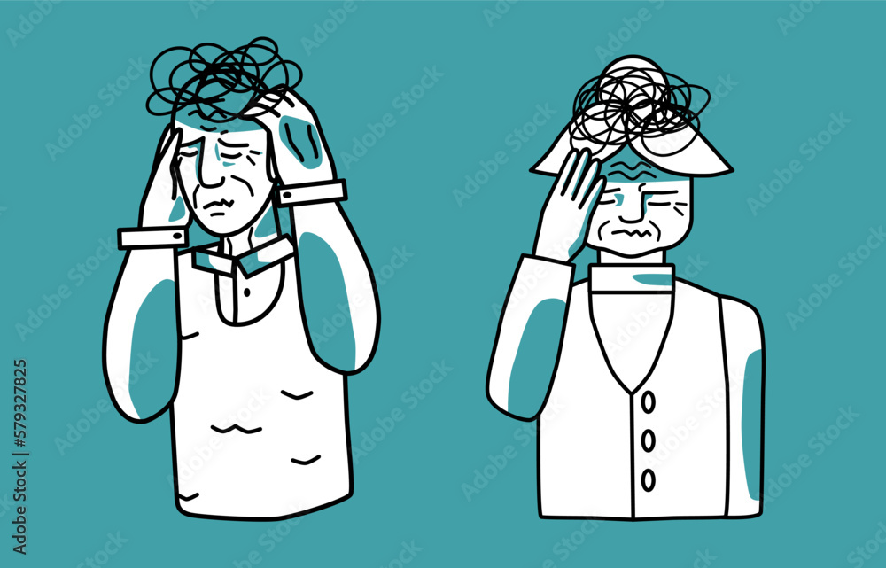 Stressed elderly man and woman, mint and white, holding a hand on a head, closed eyes. Stress mood of grandfather and grandmother, line art, half body hand drawn sketch style. Stressed elderly man and woman, mint and white, holding a hand on a head, closed eyes. Stress mood of grandfather and grandmother, line art, half body hand drawn sketch style.