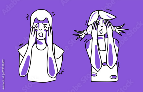 Young boy and girl with emotion of fear, purple and white, frightened and afraid, cover their face with their hands. Half body sketch style.