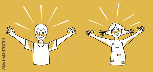 Happy boy and girl, emotion of happiness, orange and white. Pleasure and satisfaction, open their arms. Half body sketch style.