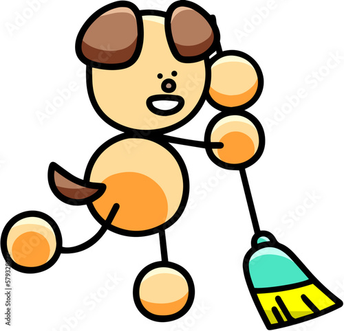 ほうきで掃除をするわんまるのイラスト　犬