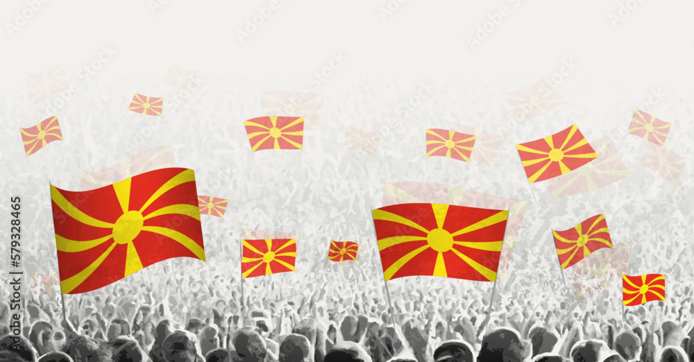 Abstract crowd with flag of North Macedonia. Peoples protest, revolution, strike and demonstration with flag of North  Macedonia.