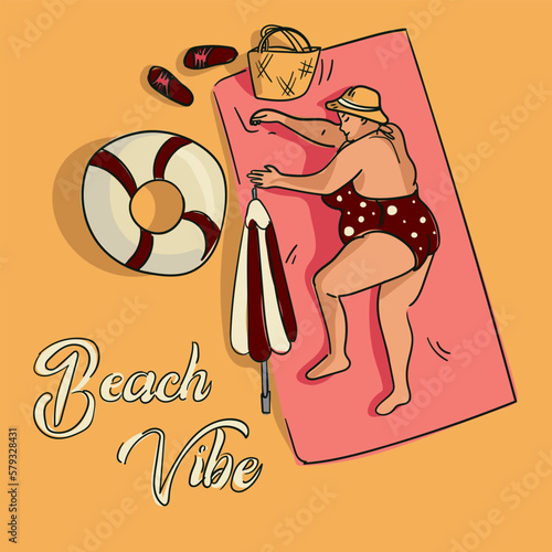 Beach atmosphere, a woman lying in the sun. Vector design of a summer poster in a simple style. Contour illustration with the color of a cheerful plump woman lying on the sand. Printing on banner