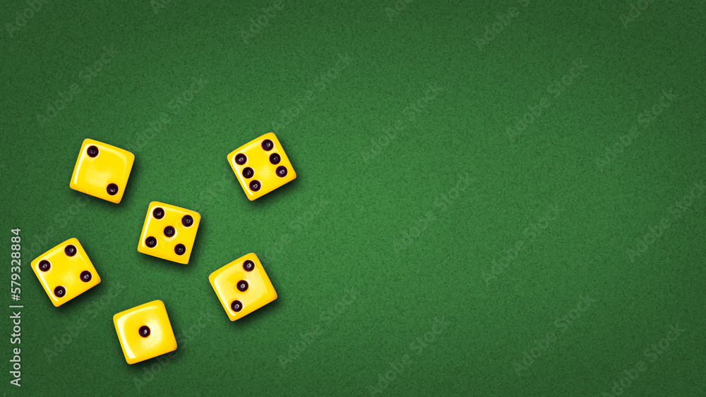 Yellow playing dice, with random numbers, on a green poker table. Copy space. Gambling, poker, board games. Yellow playing dice, with random numbers, on a green poker table. Copy space. Gambling, poker, board games.