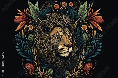  Tropical Art design with leaves and lion made with Generative AI