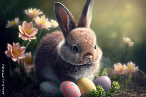 Cute Easter Bunny with Easter eggs and pink flowers on a green background, Easter, Generative AI © Eva