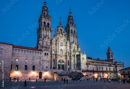 Santiago de Compostela Cathedral view from Obradoiro square at sunset. Cathedral of Saint James. Galicia, Spain