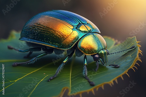 Vibrant Scarab Beetle Perched on a Lush Leaf, with Dew Drops Shining in the Sun - Ai Generated