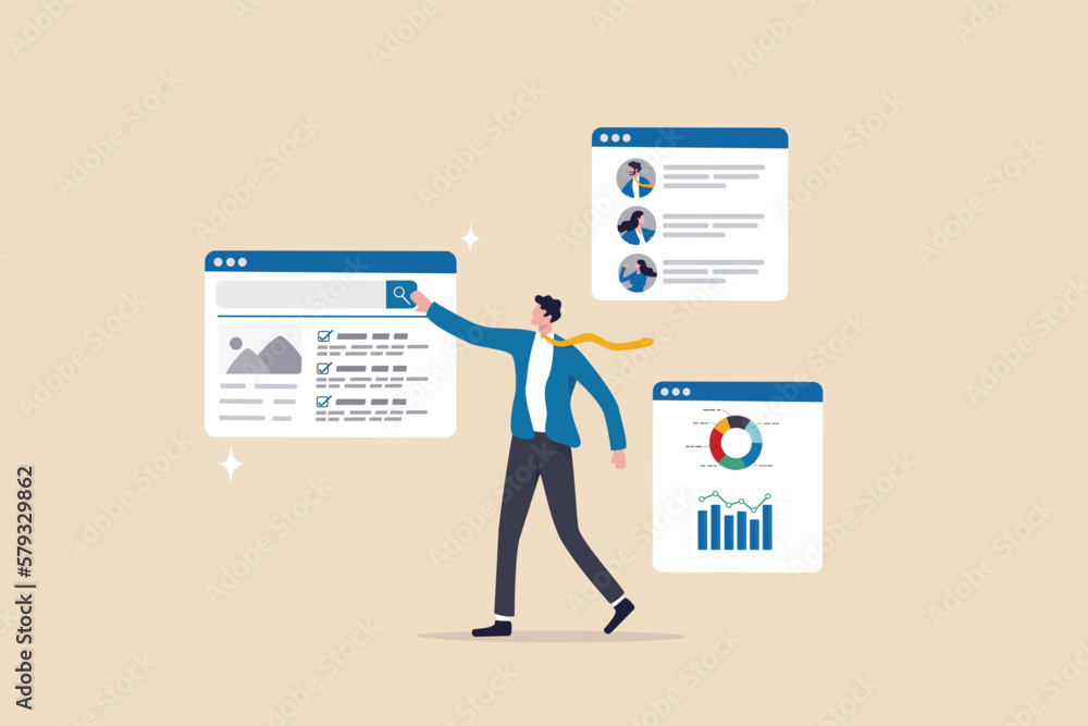 © Nuthawut - Self service, software or application to help user get result themself, online help or assistance, resource management or electronic automated report concept, businessman using self service software.