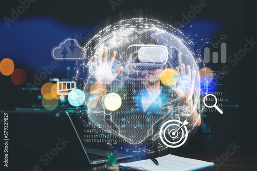 Businesswoman wearing VR glasses and accessing the Cloud Computing Technology Internet Storage Network Concept And a large database big data Through internet technology. Metaverse technology idea.