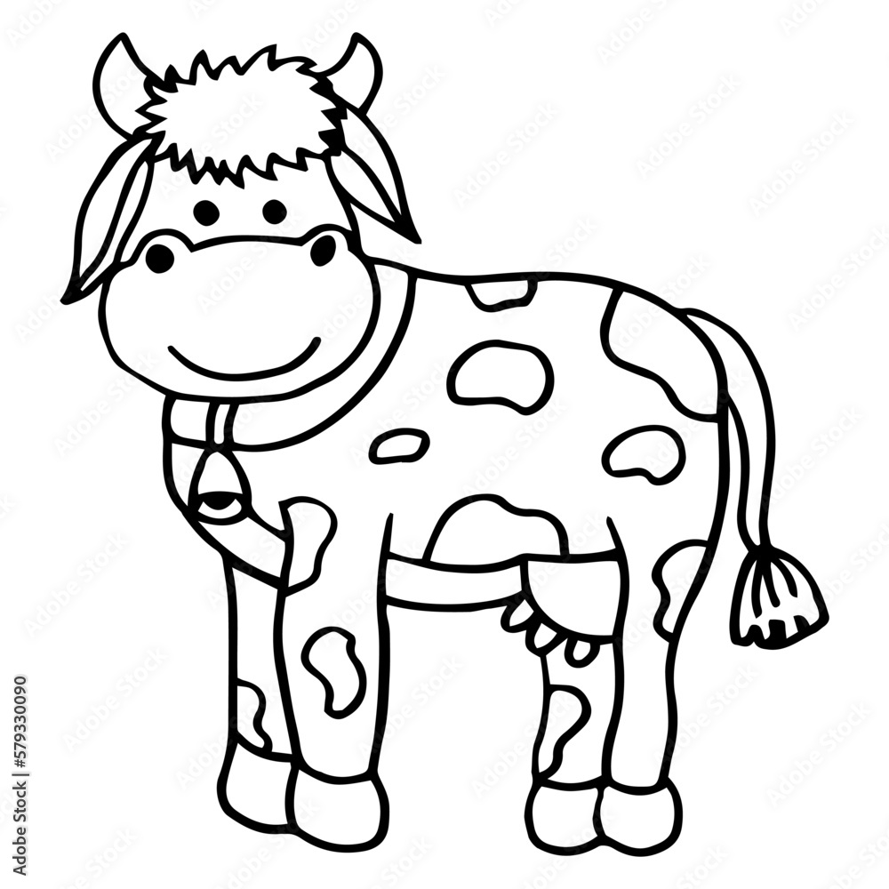 Cute Cow in hand drawn style isolated on white background. Coloring or label design Cute Cow in hand drawn style isolated on white background. Coloring or label design