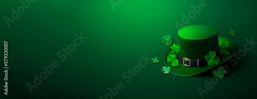 Shiny Clover Hat for Saint Patrick's Day on Green Background with Copy Space. Generative AI.