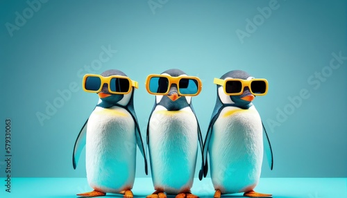 three cool penguins face with sunglasses, empty copy space for text, pastel blue studio background. Generative AI.