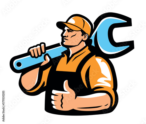 Construction worker with working tool, Builder emblem. Engineer, mechanic with wrench, workshop logo vector
