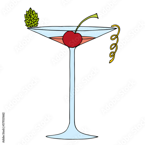 Cocktail with mint leaf, cherry and lemon peel. Freehand drawing. Doodle. Hand Drawn. Outline.	