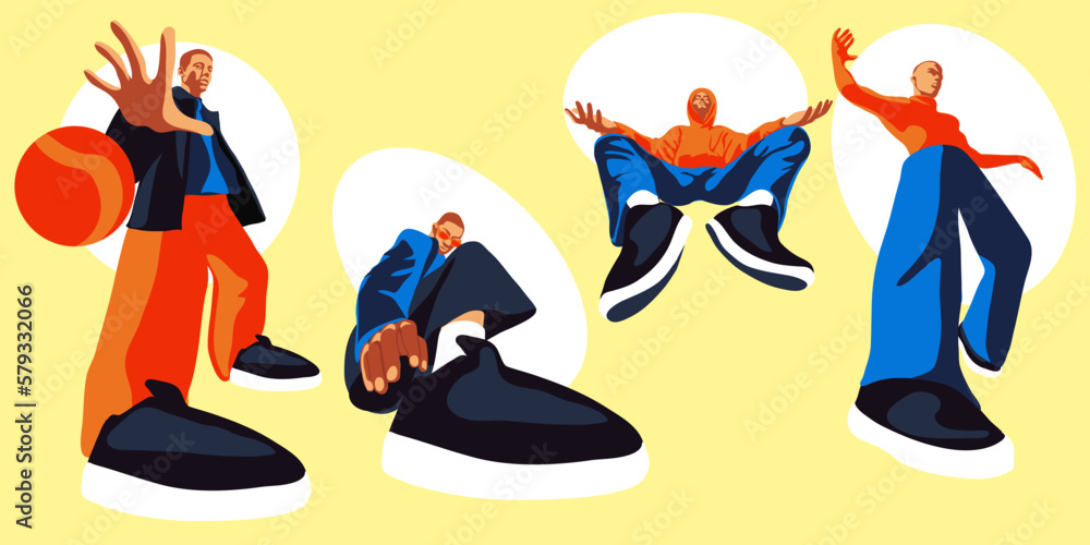 A set of stylish guys-fashionistas in bright colors. Fashionable different guys in sneakers in different poses. Juicy modern guys in stylish clothes with elongated body parts. An inverted perspective.