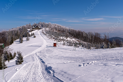 Widok z góry na Beskid Śląski, śnieg na drzewach (11).