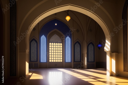 Islamic background painting. Mosque and shadows. Light rays from mosque window or door. Prayer's vision, generative ai. Muslim art. © Aleksandr