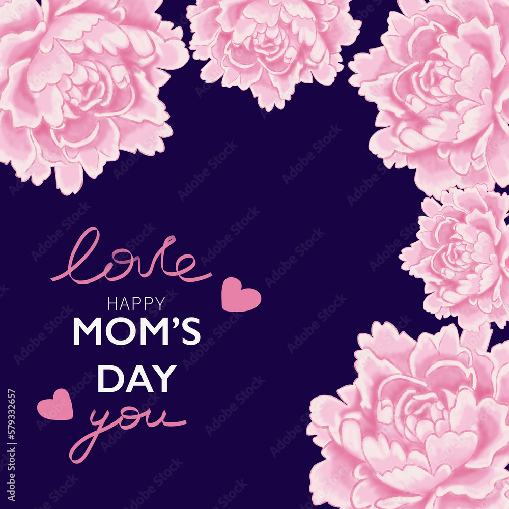 Pink flowers on a dark blue background with the words love happy mom's day