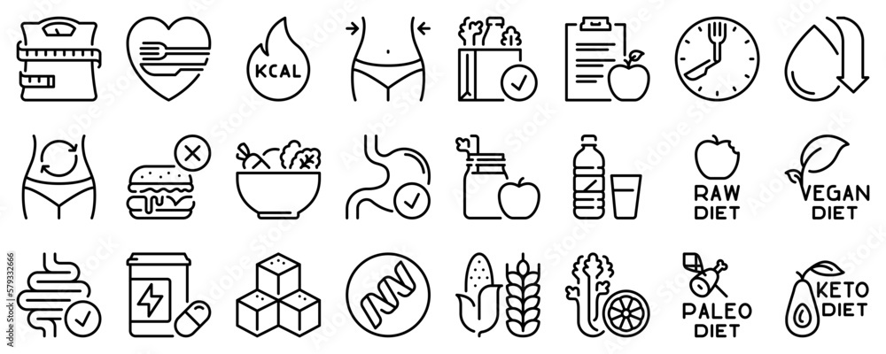 Line icons about diet on transparent background with editable stroke. - obrazy, fototapety, plakaty 