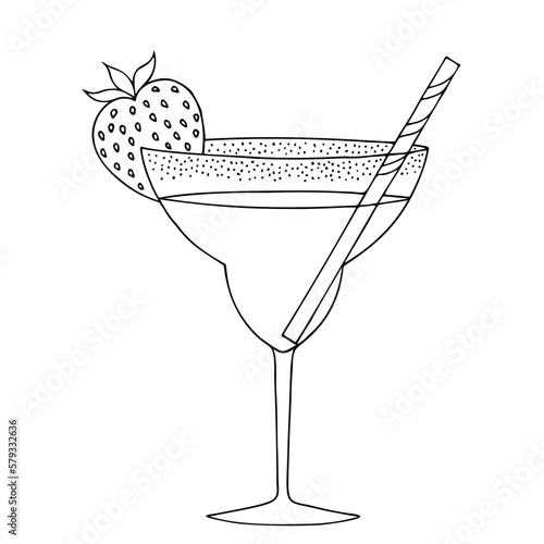 Fresh cocktail with strawberries and a paper tube for drinking. Prohibition of plastic tubes. Freehand drawing. Doodle. Hand Drawn. Outline.	