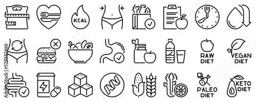 Line icons about diet on transparent background with editable stroke.