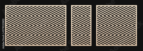 Decorative panel for laser cutting. Cutout silhouette with abstract geometric pattern, zigzag lines, stripes, chevron. Vector laser cut stencil for wood, metal, paper. Aspect ratio 3:2, 1:2, 1:1