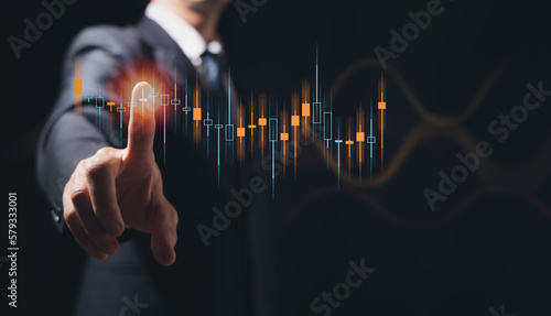 Businessman touch investment growth graph chart and analysing growth achievement diagram data trading and exchange, Stock market, Investment, dynamics of financial growth of business
