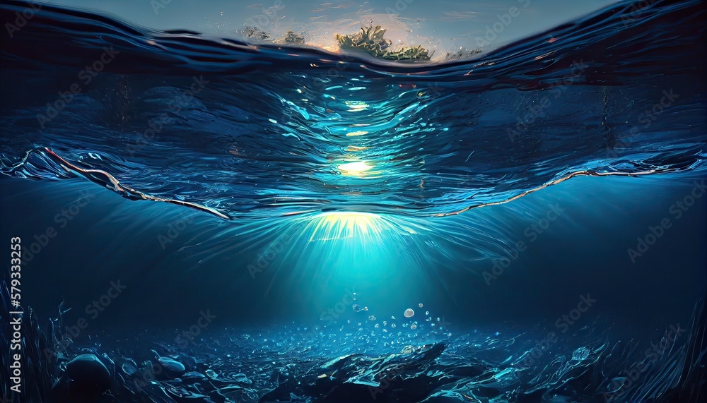 summer time under sea ocean in clean and clear water with ray of sunlight from surface for background concept design. Generative Ai