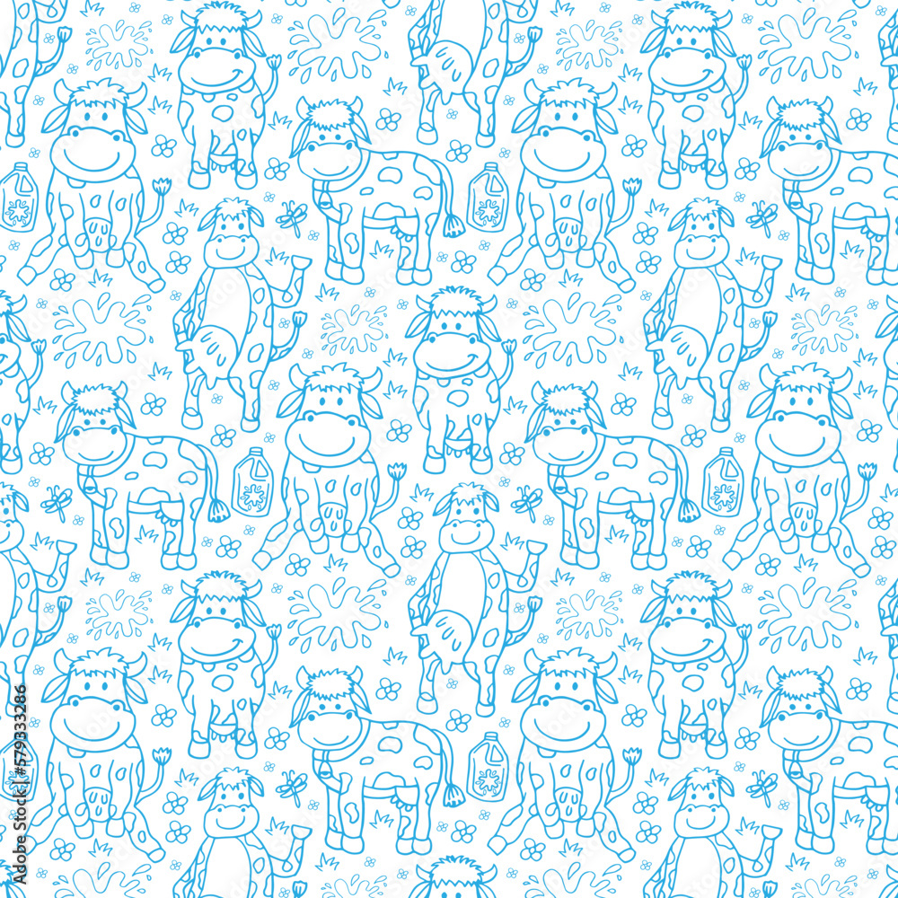Cute cow seamless pattern. Vector farm animal background.
