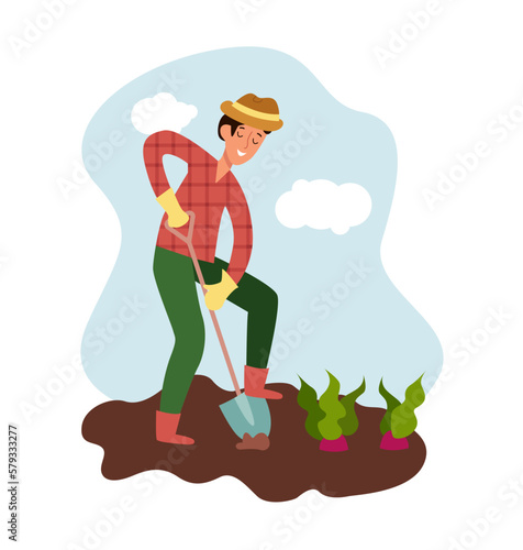 Farmer Digging Up Ground with Shovel. Cultivation of Agricultural Crops. Man Working in Garden. Vector Illustration in Cartoon Style.