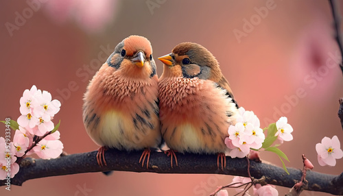 Couple of romantic finch birds on a branch. Love concept. Generative AI