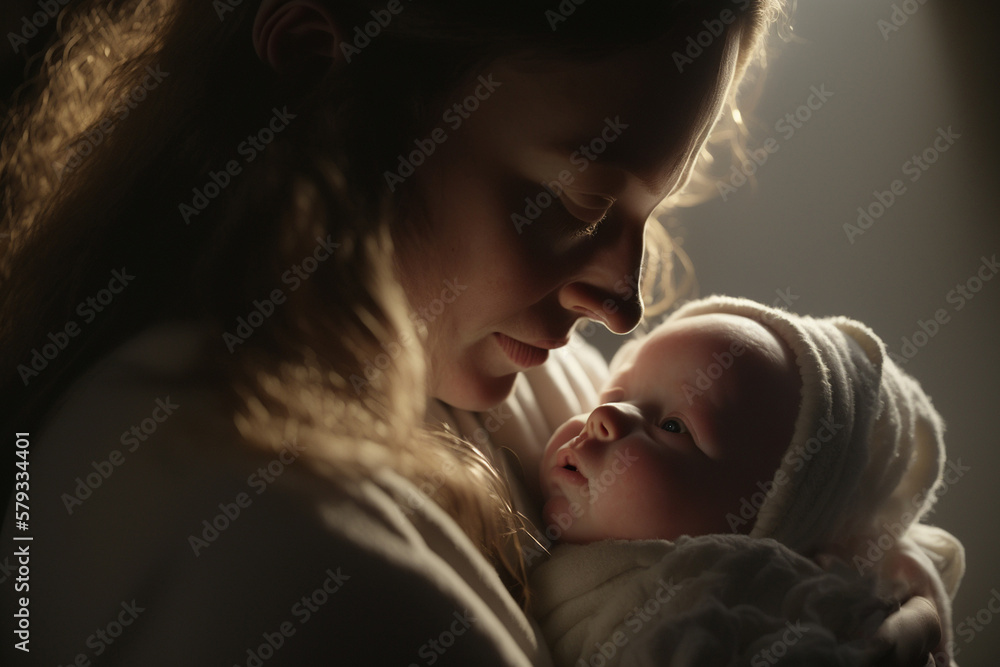 Mother's Day | An intimate close up shot of mother cradling her newborn baby in her arms, The baby’s delicate skin illuminated by the gentle light, her tiny hands grasping her mother’s finger. Ai. Mother's Day | An intimate close up shot of mother cradling her newborn baby in her arms, The baby’s delicate skin illuminated by the gentle light, her tiny hands grasping her mother’s finger. Ai.