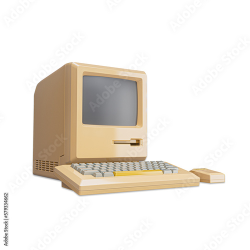 World's first Apple Macintosh computer. Old vintage desktop Macintosh 128K computer with mouse and keyboard in 1984. Retro technology. 3D Rendered Illustration.