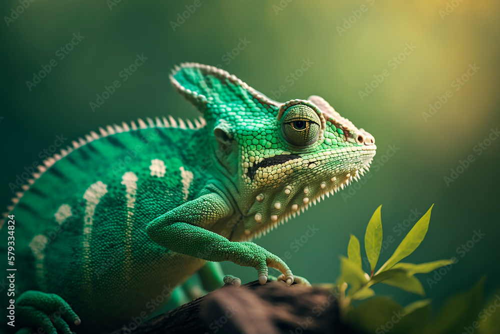 Fototapeta premium Green chameleon with textured skin close-up, blurred tropical background. Multi-colored skin of a chameleon in nature. Generative AI.