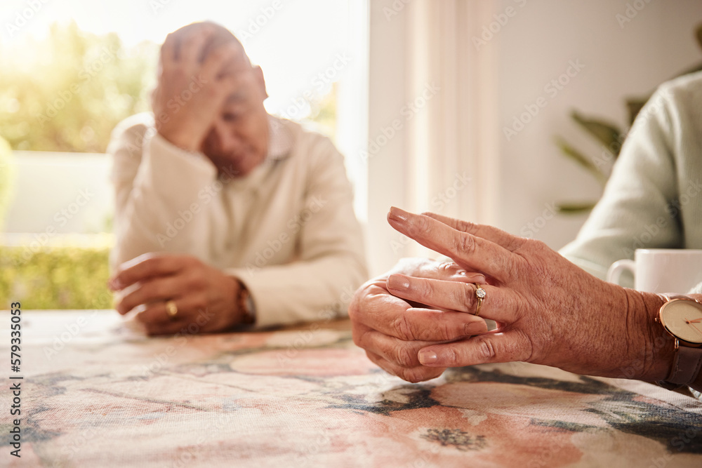 Divorce, closeup and hands with couple, issue and disagreement with anxiety, mental health and marriage. Zoom, man and woman remove ring, frustrated and stress together with problems and issues Divorce, closeup and hands with couple, issue and disagreement with anxiety, mental health and marriage. Zoom, man and woman remove ring, frustrated and stress together with problems and issues