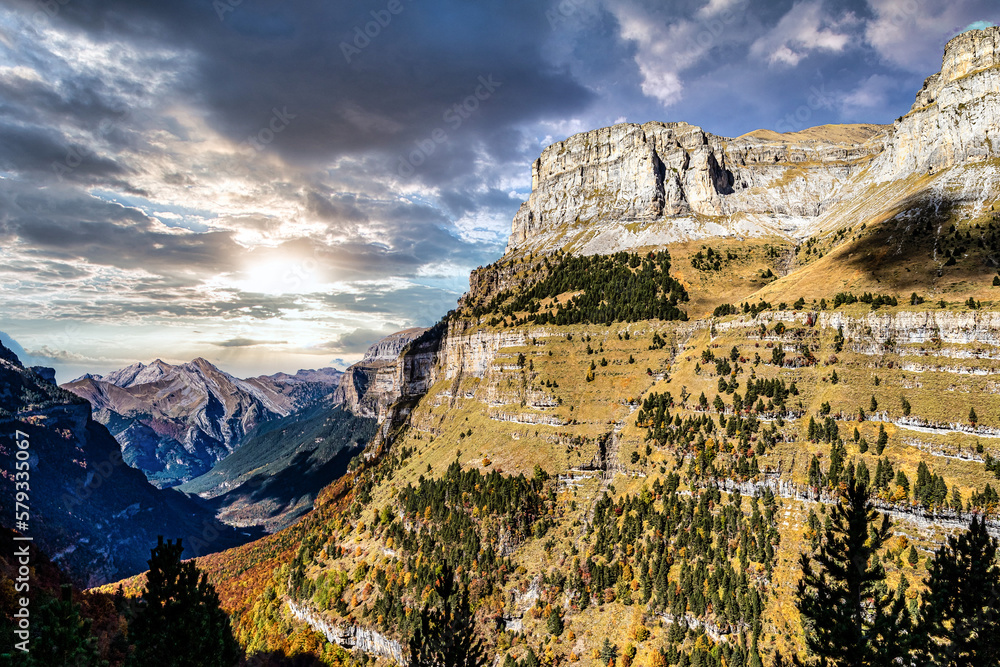 Autumn view of beautiful nature in Ordesa and Monte Perdido NP, Pyrenees, Aragon in Spain. Autumn view of beautiful nature in Ordesa and Monte Perdido NP, Pyrenees, Aragon in Spain.