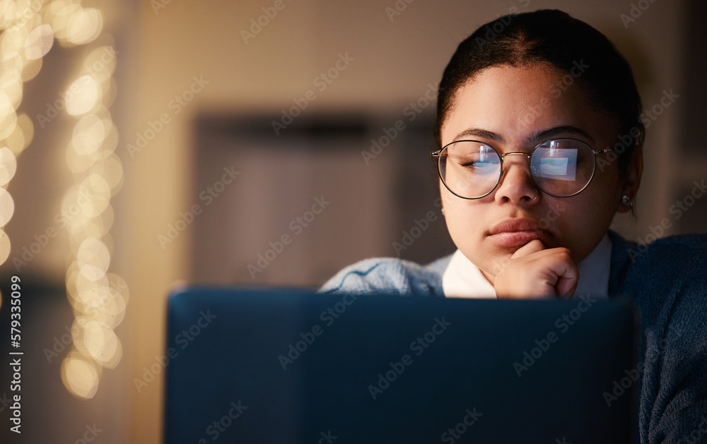 Woman, thinking or reading laptop in night office for growth planning, finance investment or risk management solution. Serious, concentration or working late student on technology with mock up ideas Woman, thinking or reading laptop in night office for growth planning, finance investment or risk management solution. Serious, concentration or working late student on technology with mock up ideas