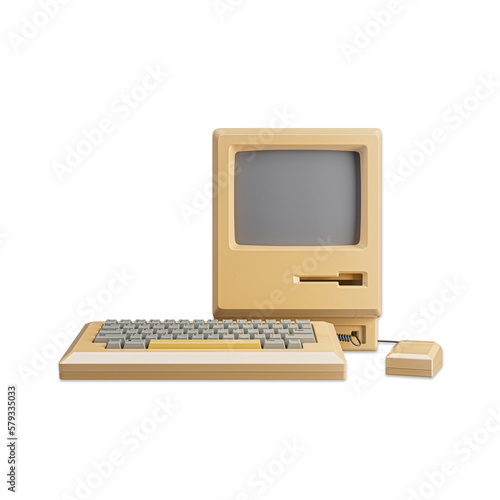 World's first Apple Macintosh computer. Old vintage desktop Macintosh 128K computer with mouse and keyboard in 1984. Retro technology. 3D Rendered Illustration.