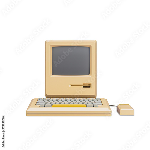 World's first Apple Macintosh computer. Old vintage desktop Macintosh 128K computer with mouse and keyboard in 1984. Retro technology. 3D Rendered Illustration. photo